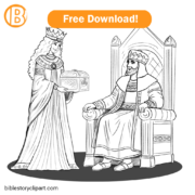 This image features the Queen of Sheba, elegantly dressed with a flowing robe and a jeweled crown, standing before King Solomon, who is seated on a grand throne adorned with carvings of lions and intricate details. Around them are attendants and courtiers, carrying gifts like baskets of gold, jars of spices, and precious stones. The background shows a majestic palace with columns, arches, and decorative patterns, providing a regal atmosphere. The scene is simplified with bold outlines, suitable for coloring, while still capturing the essence of their historic meeting.